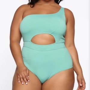 Green One Shoulder Swim Suit with Hole